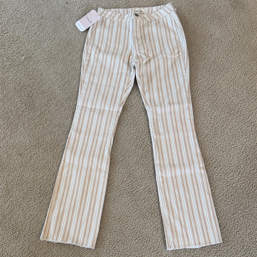 Peach Love California Beige and White Striped Wide Leg Jeans